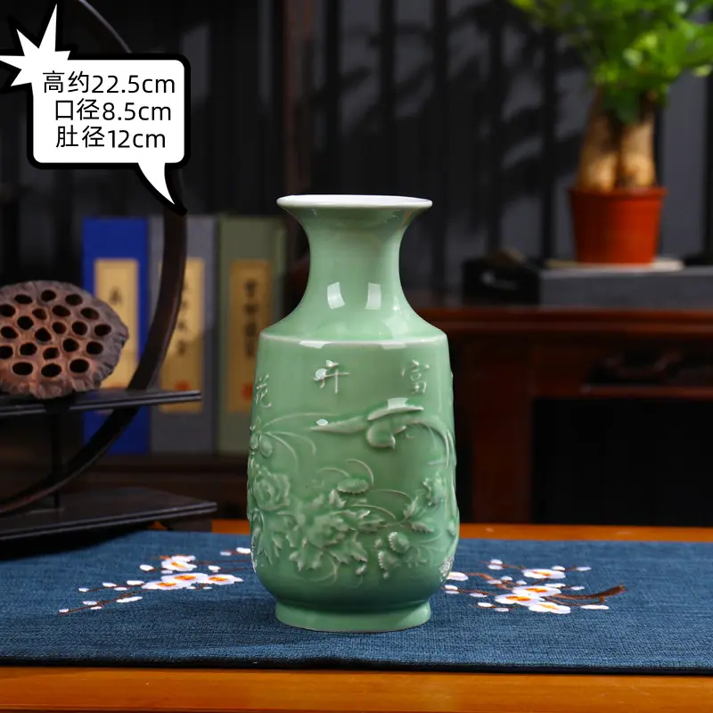 Engraved celadon chinoiserie vase ceramic crafts home living room ornaments entrance hall ancient rack decorations