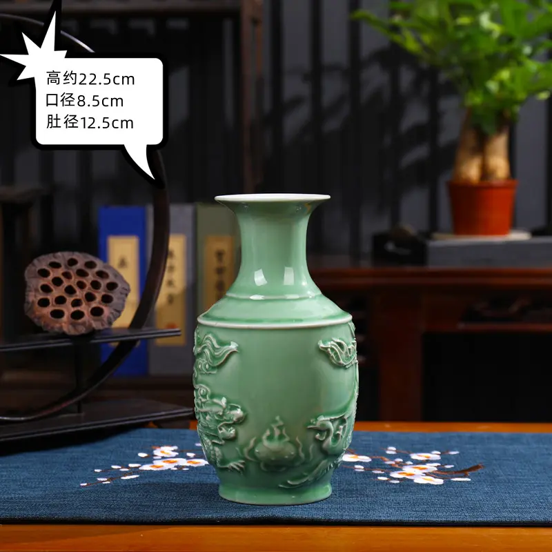 Engraved celadon chinoiserie vase ceramic crafts home living room ornaments entrance hall ancient rack decorations