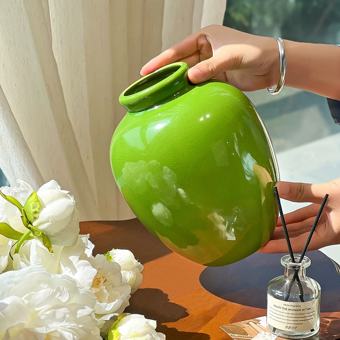 emerald green ice crackle ceramic vase accessible luxuryclassy living room dining table decoration flower arrangement ornaments