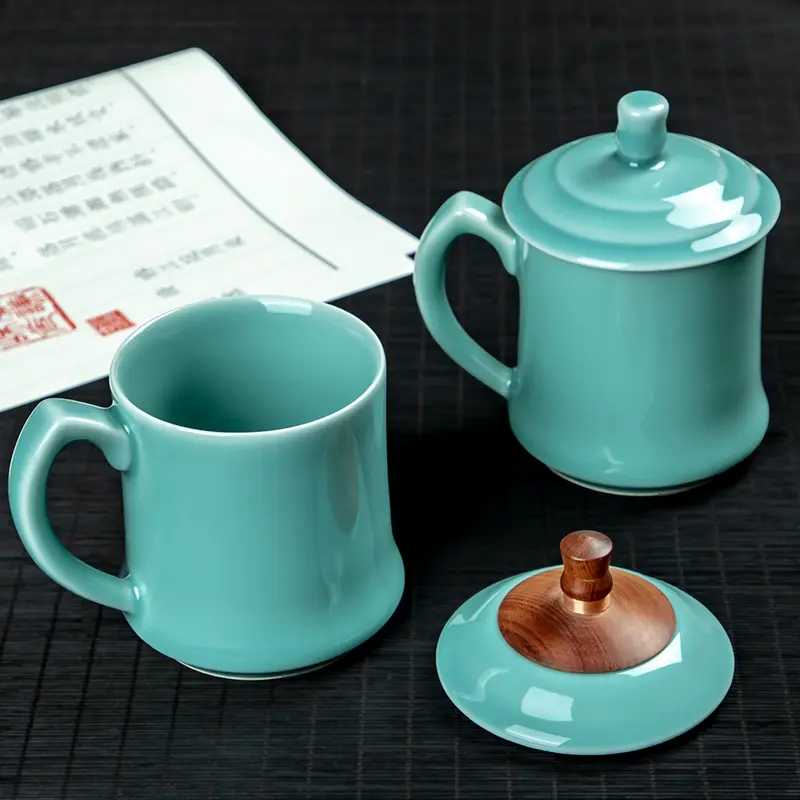 Ceramic cup with lid large celadon cup office tea cup for home tea set large capacity water cup with handle coffee cup