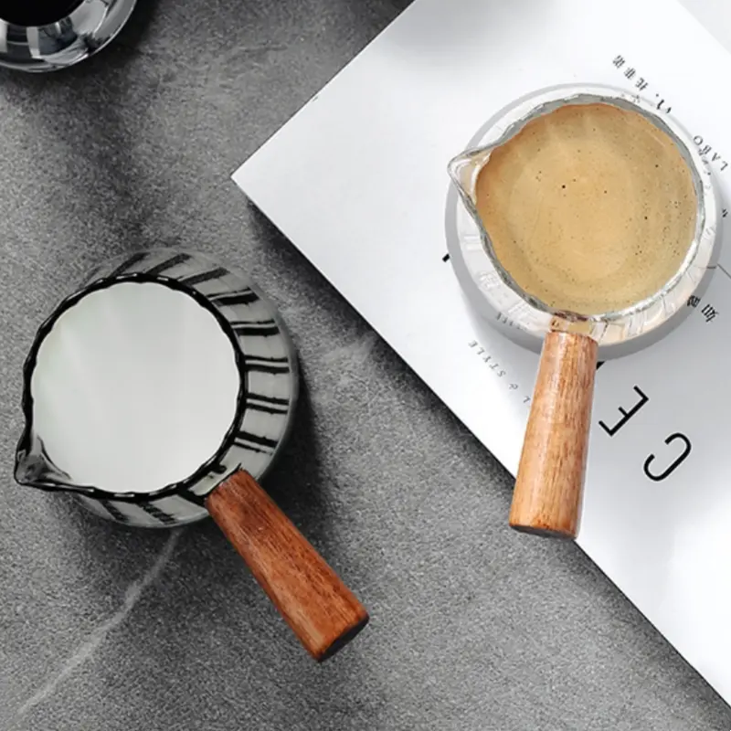 180ML Coffee Extraction Cup Glass with Wood Handle Single Mouth Heat Insulation Measuring Cup Espresso Cup Hexagon Milk Jug