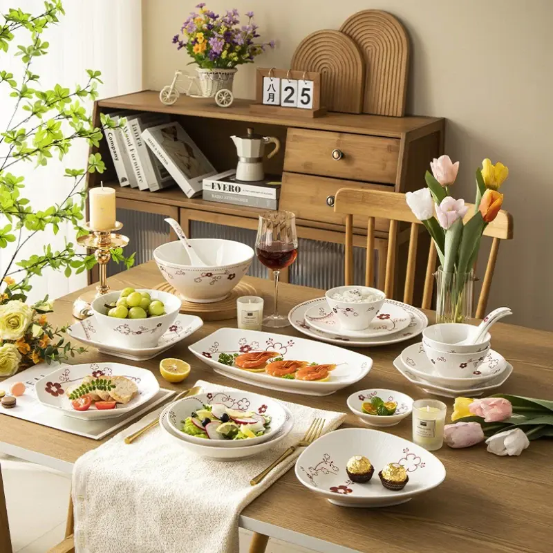 SHUNXIANG Ceramic Tableware Set Chinese Style Flower  Vintage Plates Bowls Dessert Dish Spaghetti Plate Kitchen Dinnerware