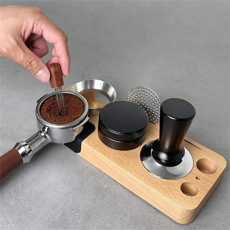 Coffee Tamper Mat Station Stand Wood Universal Portafilter Holder Coffee Distributor & Puck Screen Coffee Brush Storage base