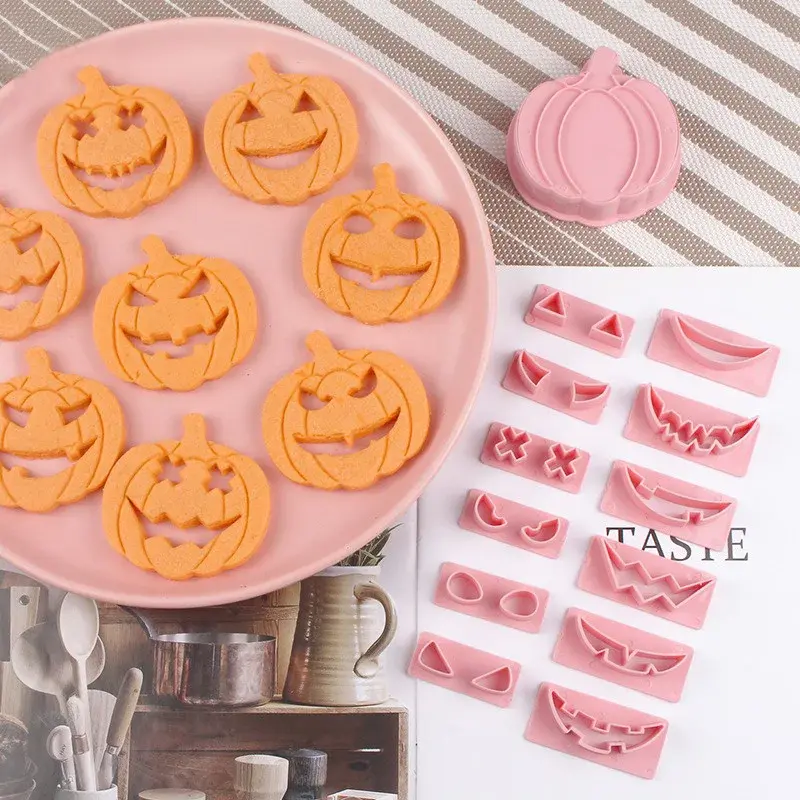 13Pcs/Set Halloween Cookie Cutters Fondant Cake DIY Pumpkin Face Biscuit Embosser Stamp Cookie Mold Halloween Baking Pastry Tool