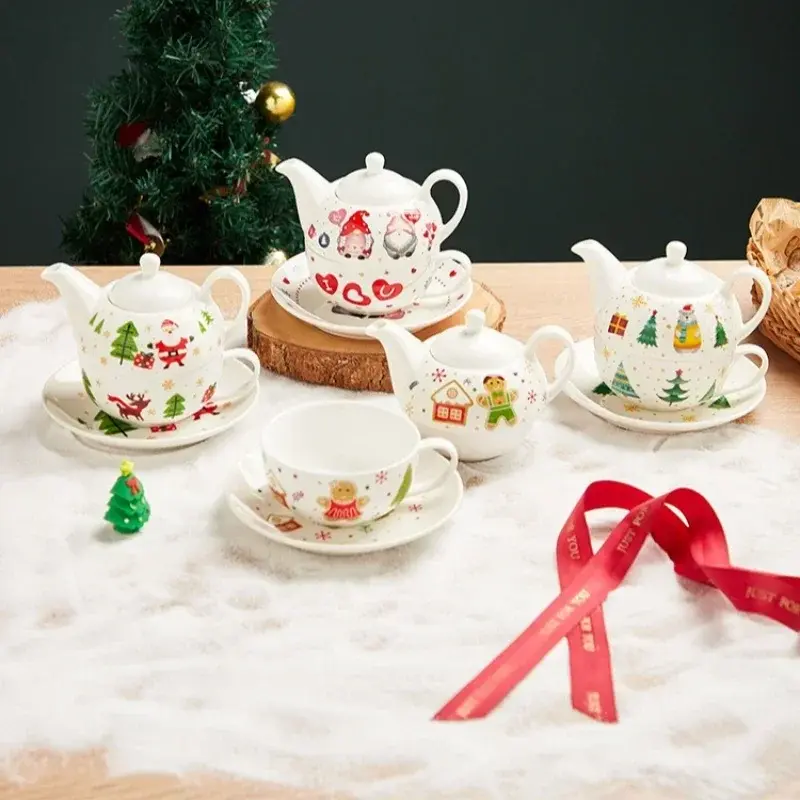 420ml Christmas Ceramic Gold-plated Teapot Cup and Saucer Set with Christmas Graffiti Coffee Flower Tea Set Christmas Gift