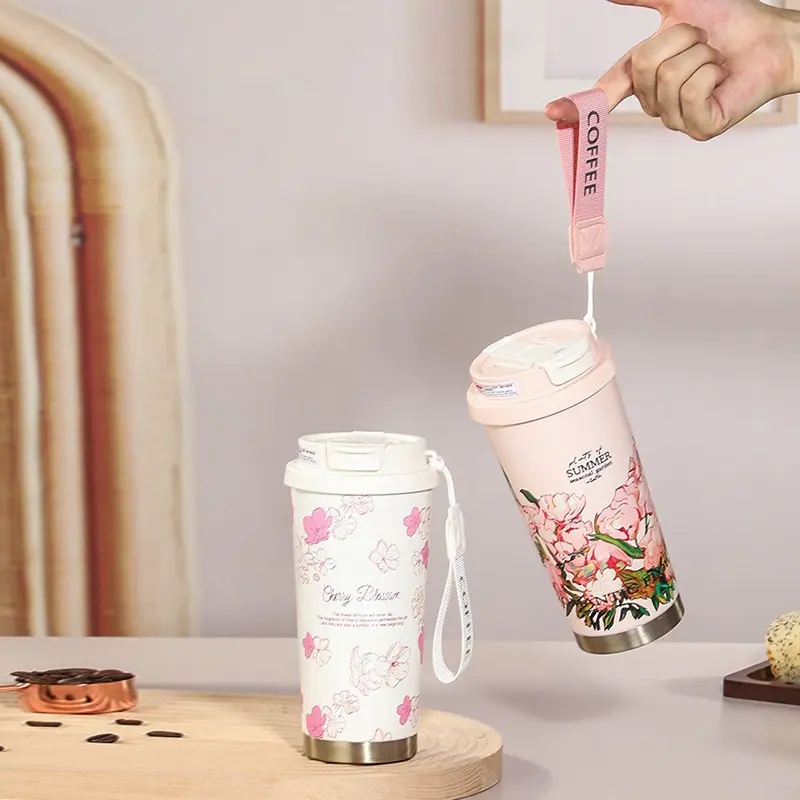 500ml Printed Insulated Cup Stainless Steel Leak Proof Coffee Cup One Lid Double Drinking Rope Portable Water Cup Vacuum Bottle