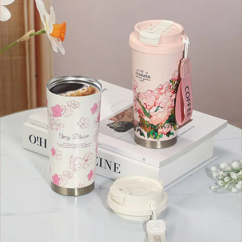 500ml Printed Insulated Cup Stainless Steel Leak Proof Coffee Cup One Lid Double Drinking Rope Portable Water Cup Vacuum Bottle