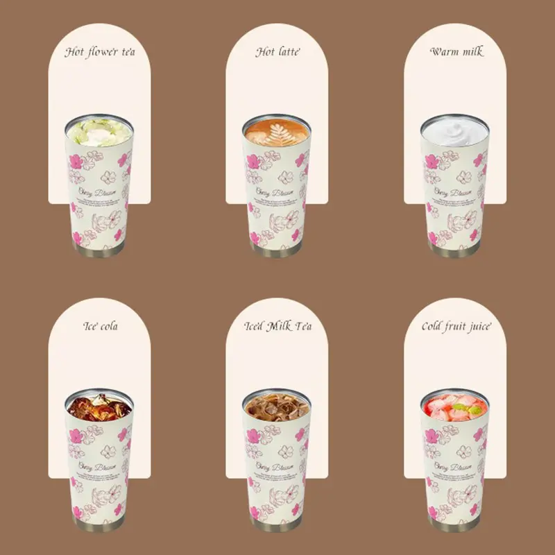 500ml Printed Insulated Cup Stainless Steel Leak Proof Coffee Cup One Lid Double Drinking Rope Portable Water Cup Vacuum Bottle