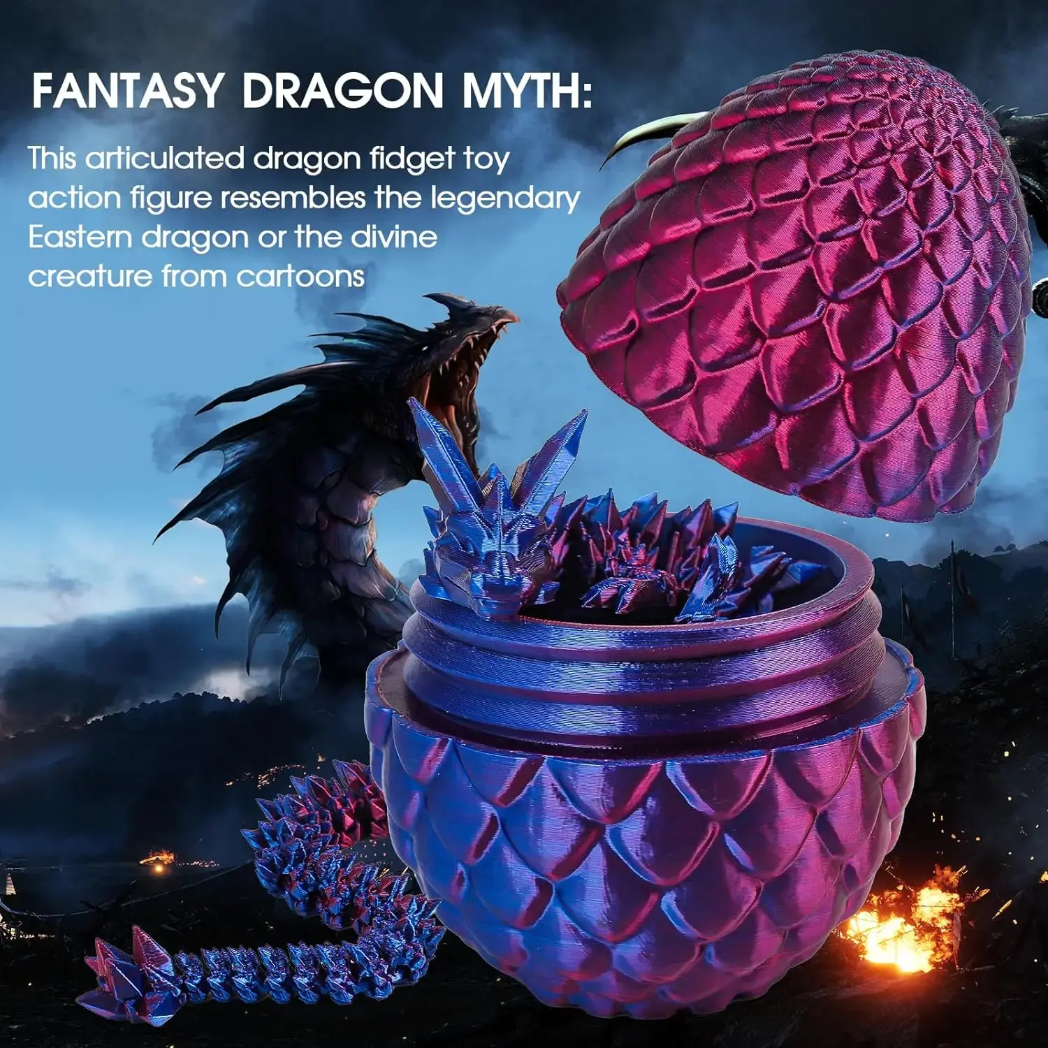 3D Printed Crystal Dragon Egg Kids Toy Hinged Connection Stress Relief Desktop Ornaments Holiday Gifts 3D Printed Dragon Egg Set