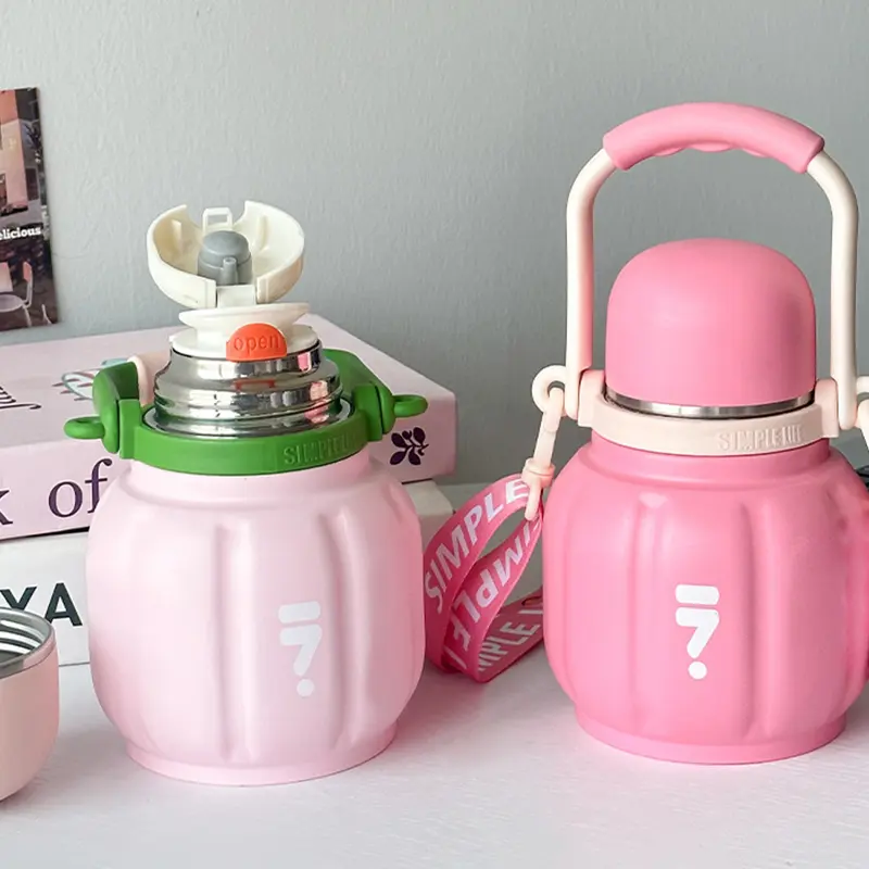 500ML PumpkinThermal Mug Portable Handheld Strap Coffee Cup 316 Stainless Steel Leak proof Tea Cup Vacuum Bottle Insulate Bottle