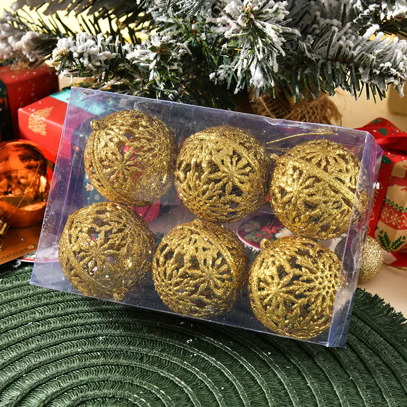 6pcs Christmas Balls Hanging Christmas Tree Decor 6cm Plastic Balls Pvc Boxed Gold Powder Hollow Balls Party New Year Home Decor