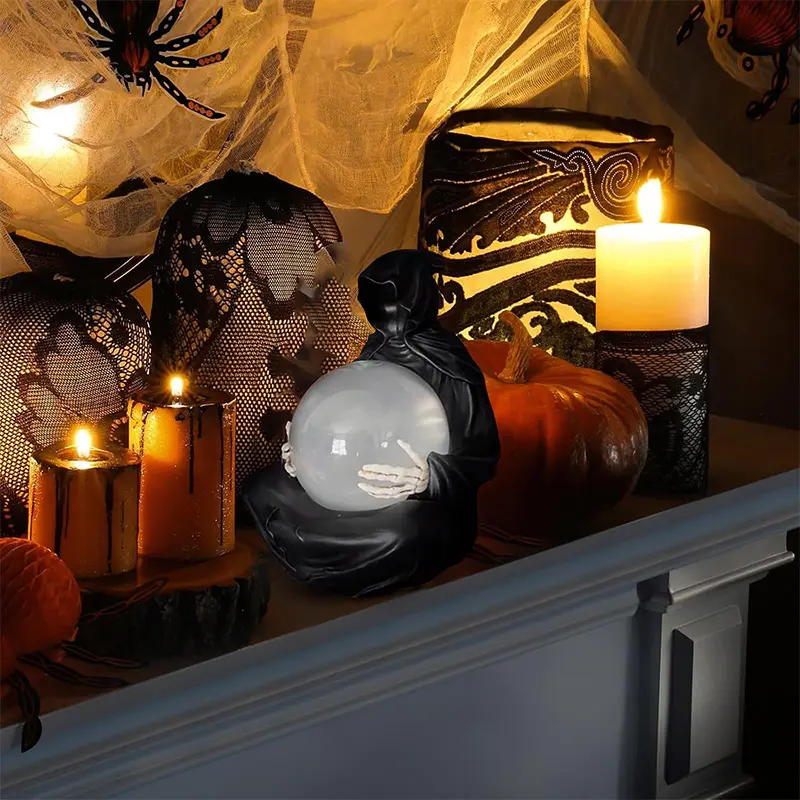 Halloween The Death God's Crystal Ball Resin Tabletop Gothic Style Statue Glowing Crystal Ball Mysterious Ghost Bookshelf Decor