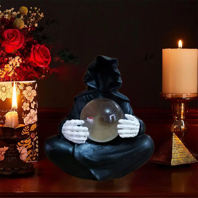 Halloween The Death God's Crystal Ball Resin Tabletop Gothic Style Statue Glowing Crystal Ball Mysterious Ghost Bookshelf Decor