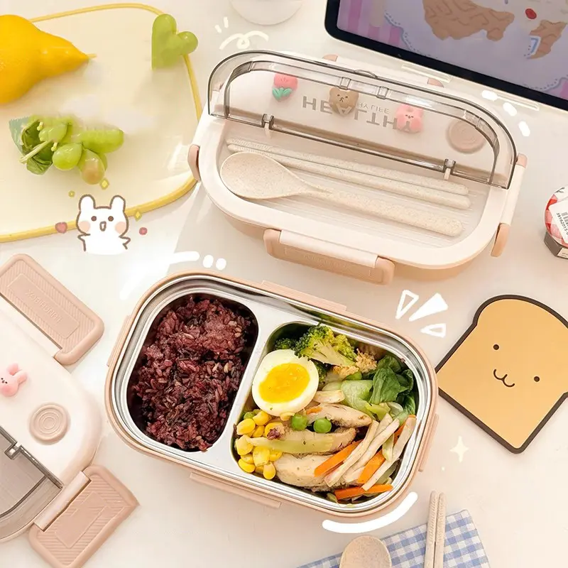 Kawaii Lunch Box For Woman Kids School Cute Stainless Steel Plastic Picnic Bento Lunch Box Microwave Portable Food Containers
