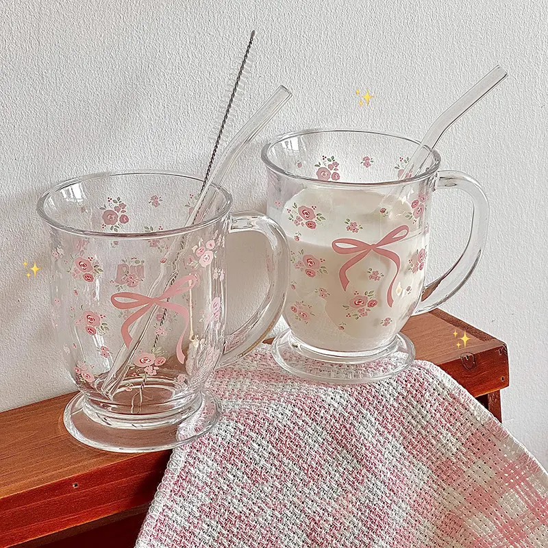 Kawaii Bowknot Glass Cups Tumbler Aesthetic Cute korean Flower Mugs For Ice Coffee Juice Beer Milk Tea Glasses Cup Bowl For Girl