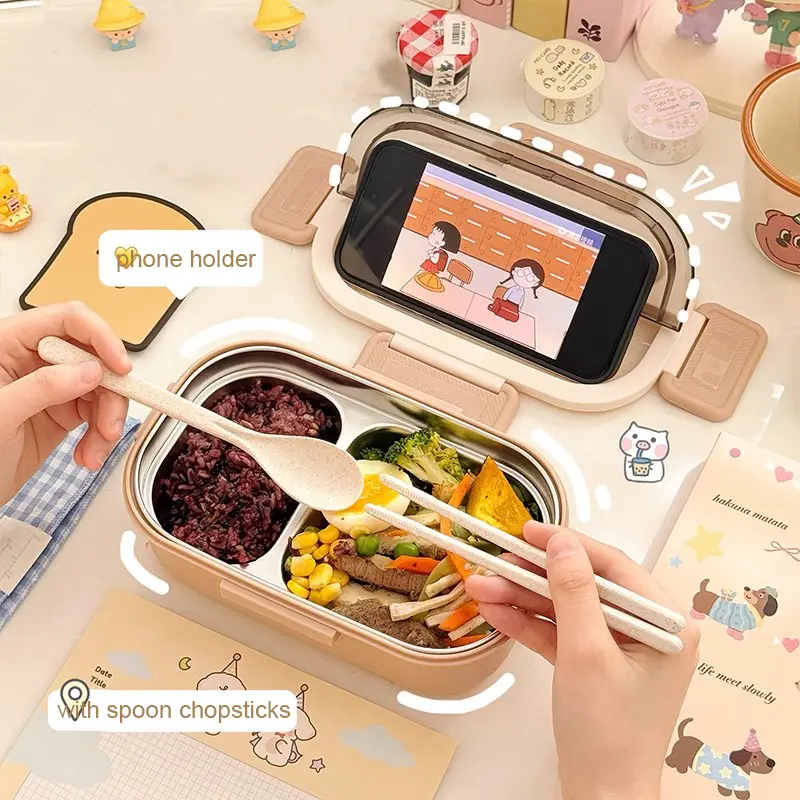 Kawaii Lunch Box For Woman Kids School Cute Stainless Steel Plastic Picnic Bento Lunch Box Microwave Portable Food Containers
