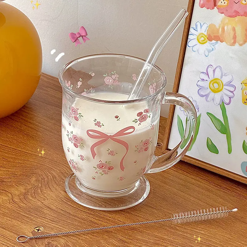 Kawaii Bowknot Glass Cups Tumbler Aesthetic Cute korean Flower Mugs For Ice Coffee Juice Beer Milk Tea Glasses Cup Bowl For Girl