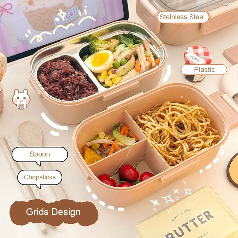 Kawaii Lunch Box For Woman Kids School Cute Stainless Steel Plastic Picnic Bento Lunch Box Microwave Portable Food Containers