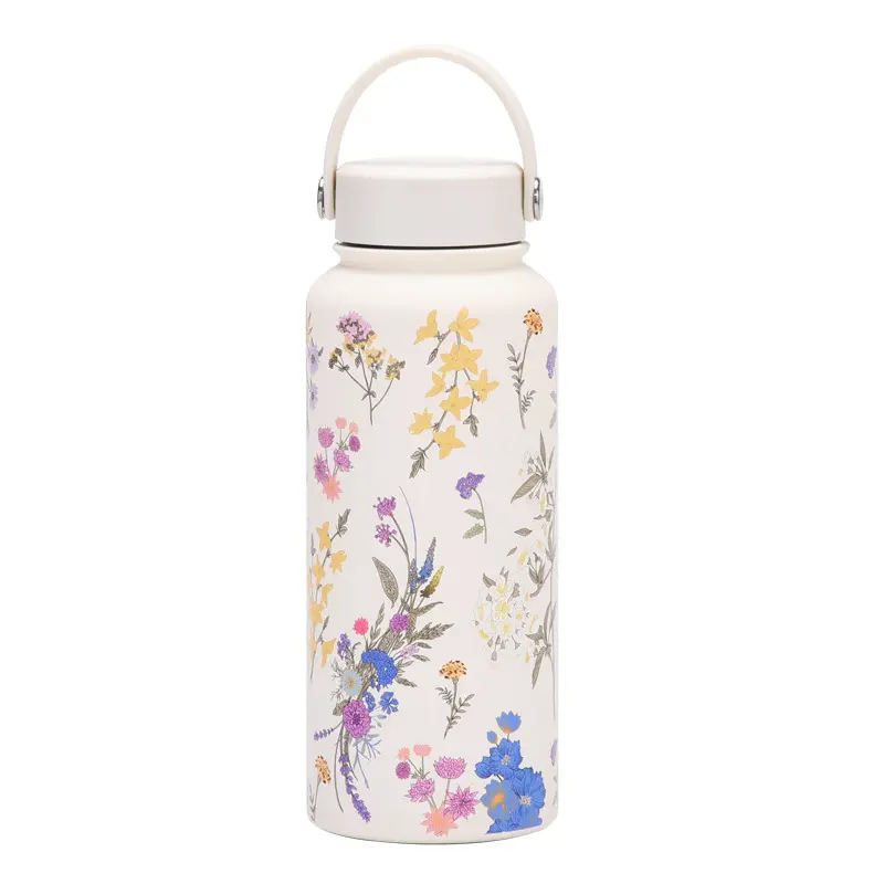 1000ml Cute Thermos Bottle Large Floral Tumbler Stainless Steel Thermal Cup Portable Vacuum Sports Bottle Outdoor Water Bottle
