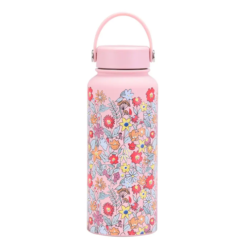 1000ml Cute Thermos Bottle Large Floral Tumbler Stainless Steel Thermal Cup Portable Vacuum Sports Bottle Outdoor Water Bottle