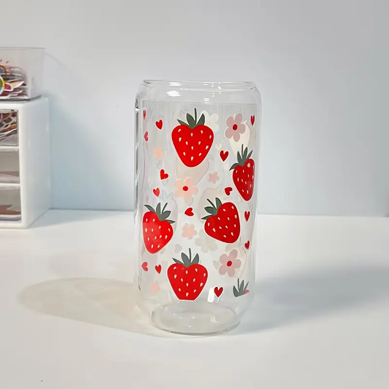 Kawaii Strawberry Glass Cup With Bamboo Lid And Straw 500ml Can Shaped Glass Cups Iced Hot Coffee Glasses Cute Tumbler Cup Gift