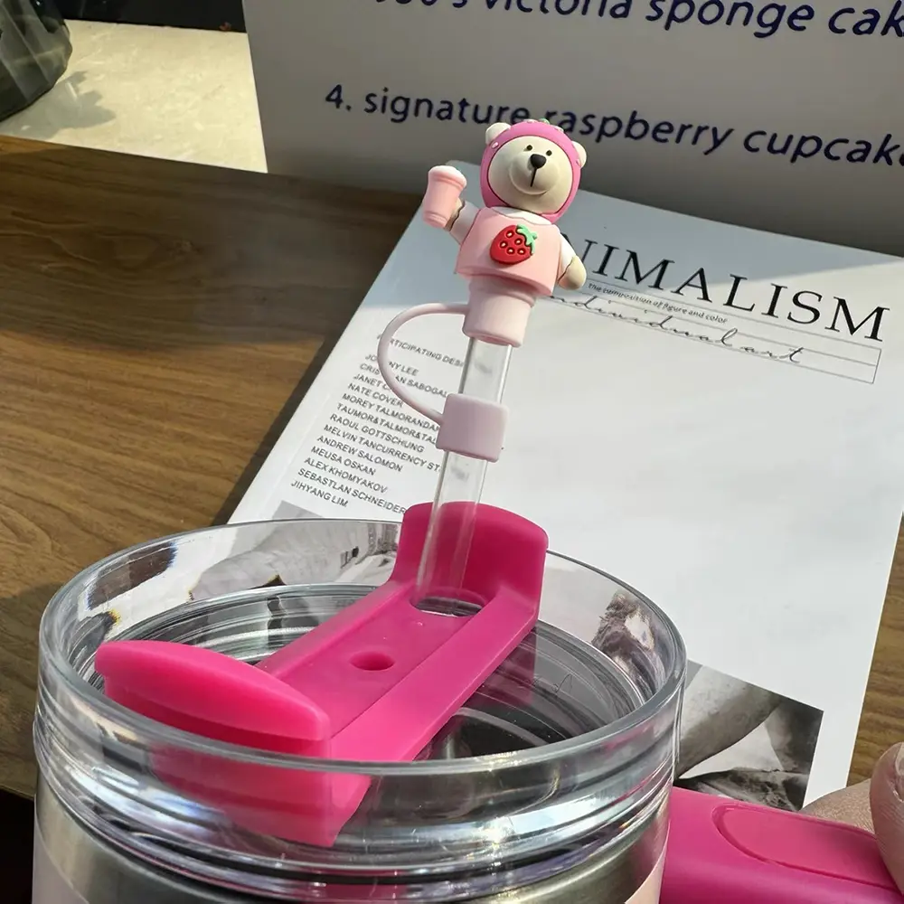 Kawaii Bear Straw Cover Caps Cute Silicone Straw Toppers For Thermos Tumbler Korean Straws Tip Dust Cover 7-8mm