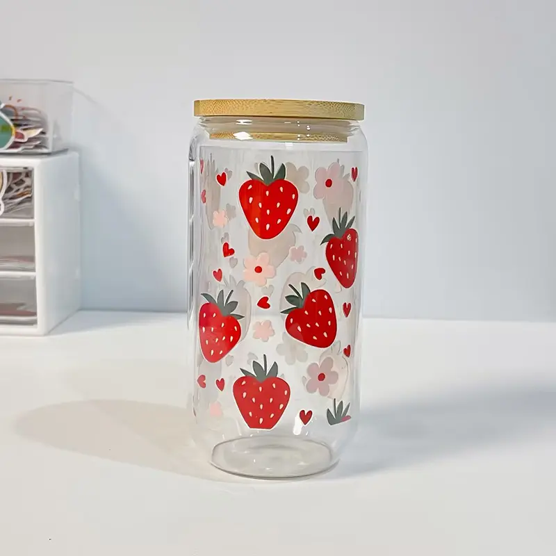 Kawaii Strawberry Glass Cup With Bamboo Lid And Straw 500ml Can Shaped Glass Cups Iced Hot Coffee Glasses Cute Tumbler Cup Gift