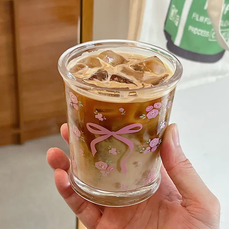 Kawaii Bowknot Glass Cups Tumbler Aesthetic Cute korean Flower Mugs For Ice Coffee Juice Beer Milk Tea Glasses Cup Bowl For Girl