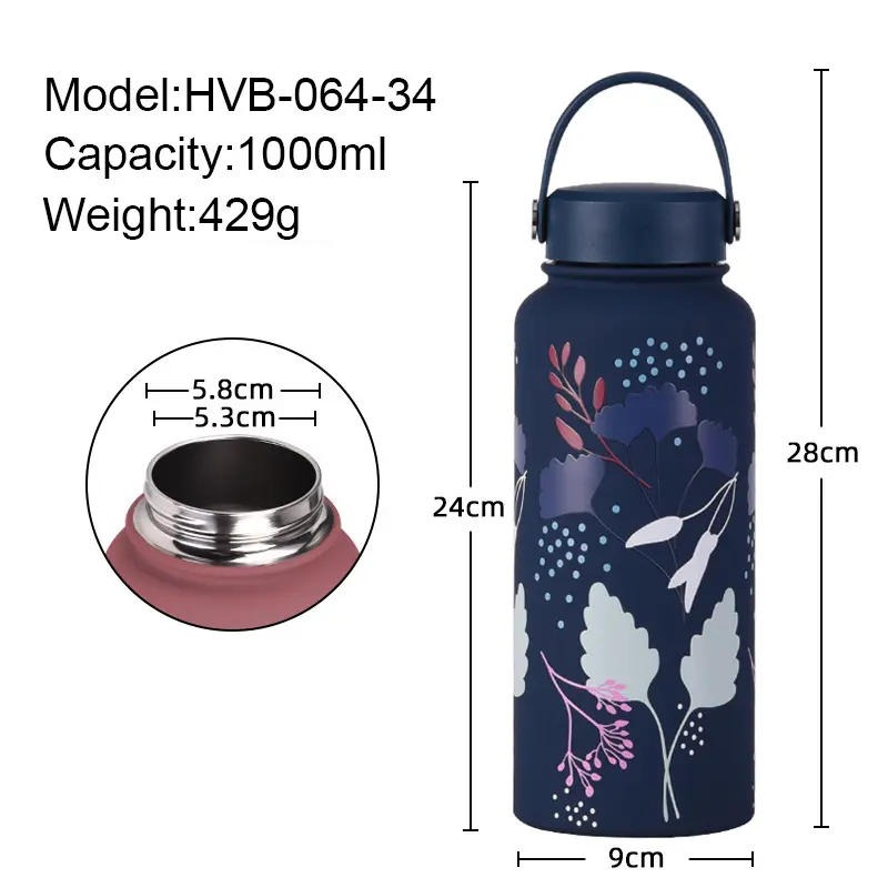 1000ml Cute Thermos Bottle Large Floral Tumbler Stainless Steel Thermal Cup Portable Vacuum Sports Bottle Outdoor Water Bottle