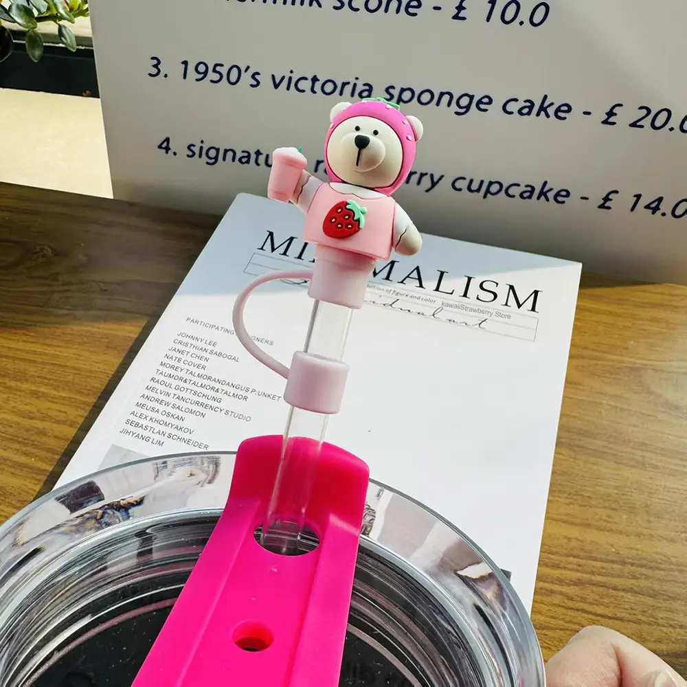 Kawaii Bear Straw Cover Caps Cute Silicone Straw Toppers For Thermos Tumbler Korean Straws Tip Dust Cover 7-8mm