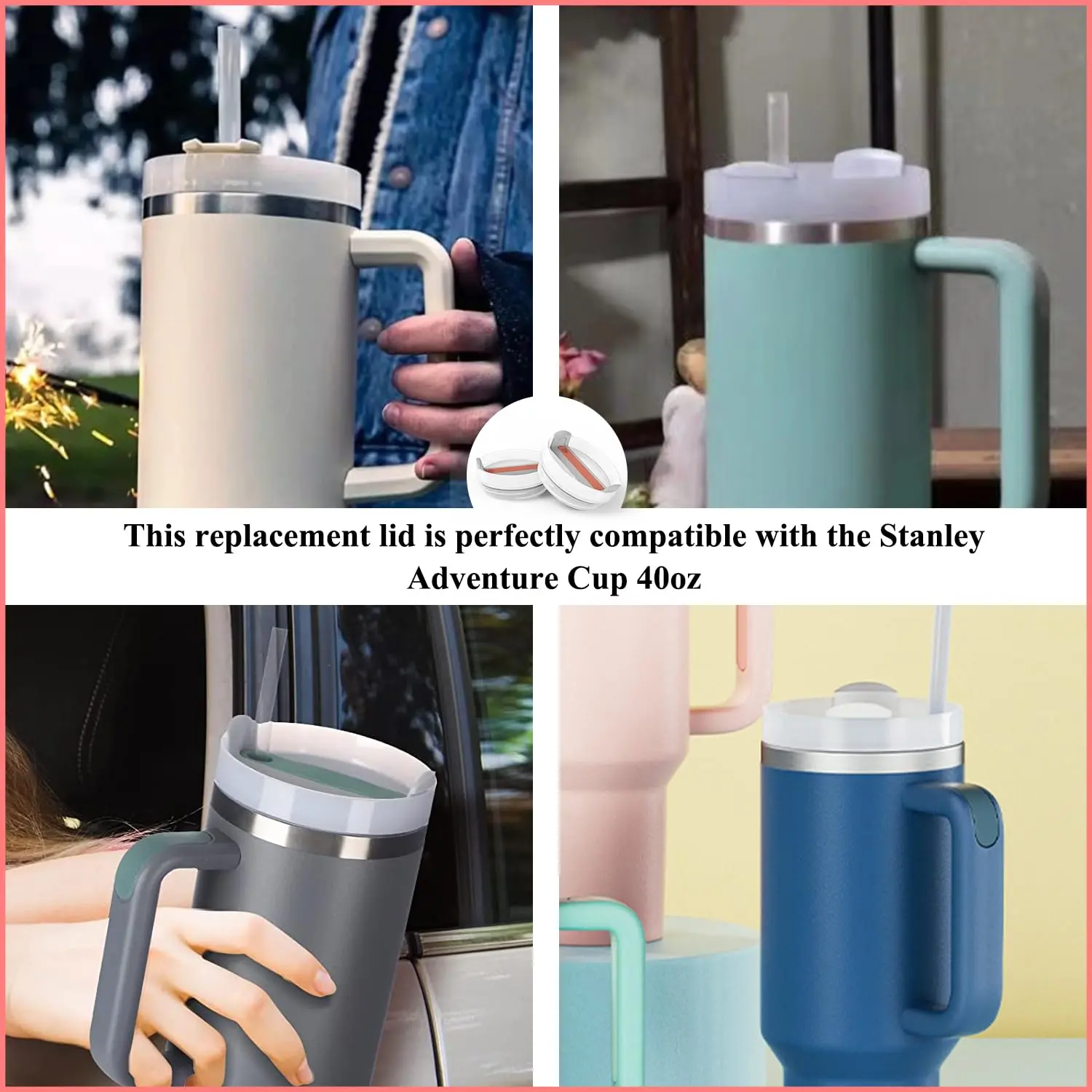 For Stanley Cup Lid Transparent Sealed Leak Proof Cup Lid Splash Proof Roller Stainless Steel Car Cup Handle Straw Cup Lid