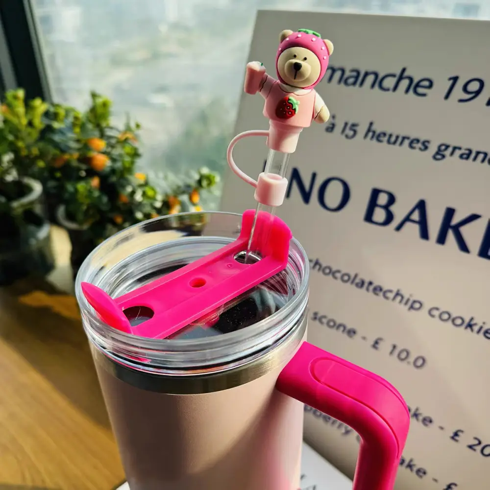 Kawaii Bear Straw Cover Caps Cute Silicone Straw Toppers For Thermos Tumbler Korean Straws Tip Dust Cover 7-8mm