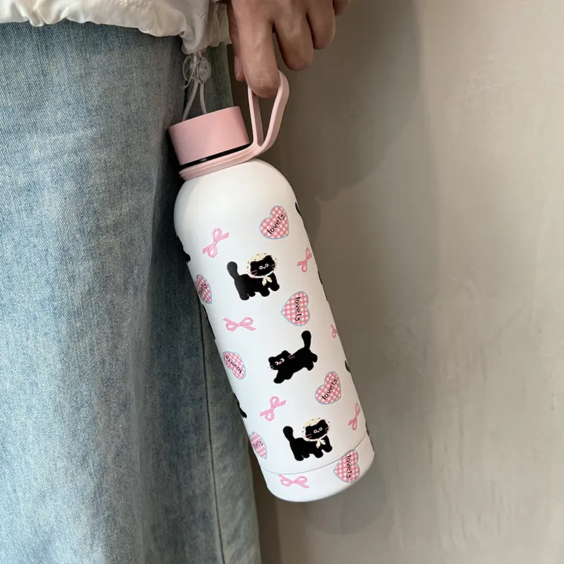 Cute Coffee Tumbler Stainless Steel Thermal Bottle Kawaii Cat Thermos Tea Cup Gift Girl Insulated Water Bottle With Handle 500ml