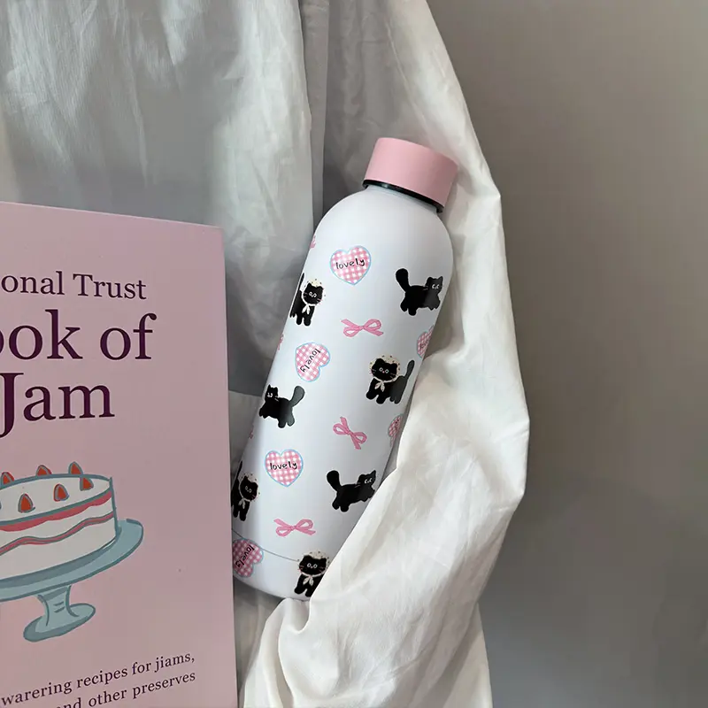 Cute Coffee Tumbler Stainless Steel Thermal Bottle Kawaii Cat Thermos Tea Cup Gift Girl Insulated Water Bottle With Handle 500ml