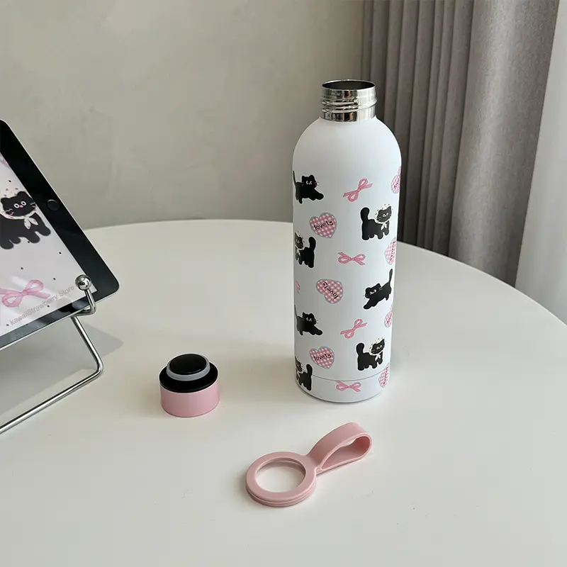 Cute Coffee Tumbler Stainless Steel Thermal Bottle Kawaii Cat Thermos Tea Cup Gift Girl Insulated Water Bottle With Handle 500ml