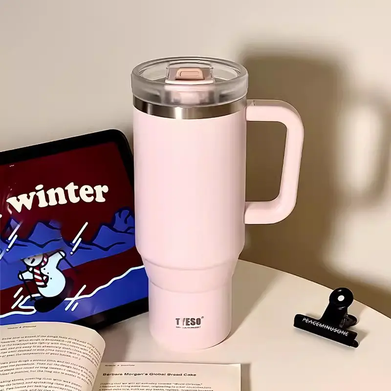 900/1200ml Thermos Tumbler Large Luxury Stainless Steel Car Thermal Cup For Ice Coffee Water Tea Vacuum Flask With Straw Handle