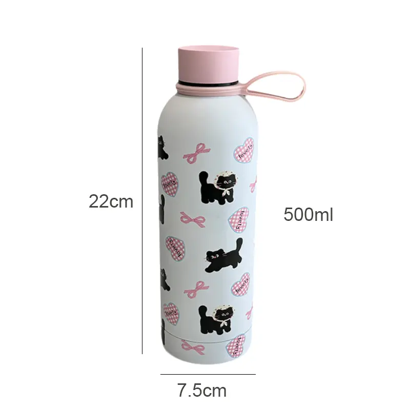 Cute Coffee Tumbler Stainless Steel Thermal Bottle Kawaii Cat Thermos Tea Cup Gift Girl Insulated Water Bottle With Handle 500ml