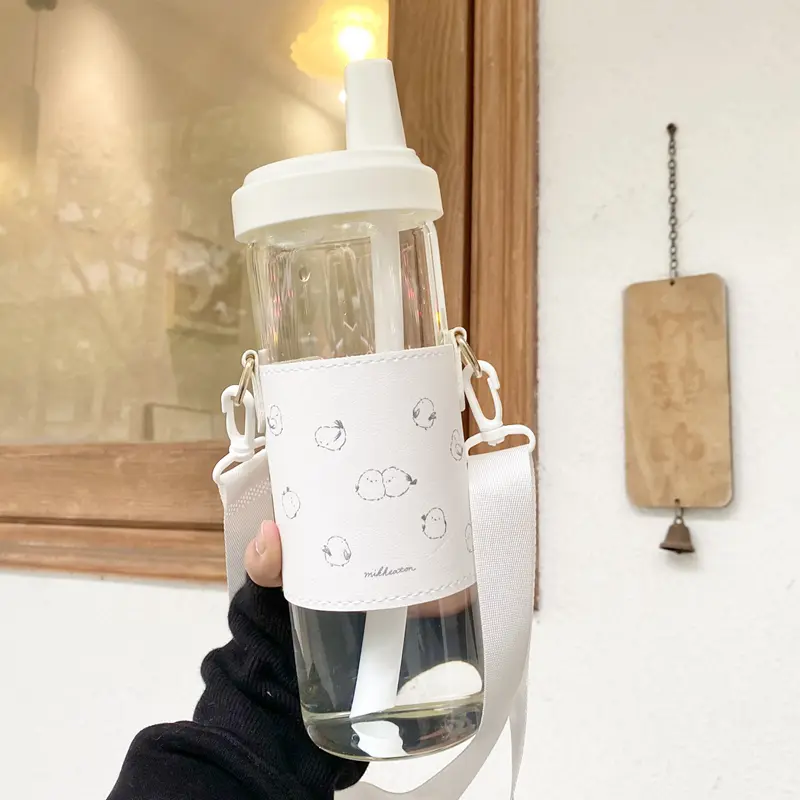 Kawaii Cats Glass Water Bottle With Straw Holder Strap Large Plastic Boba Cups Coffee Juice Tea Tumbler Drinking Bottle BPA Free