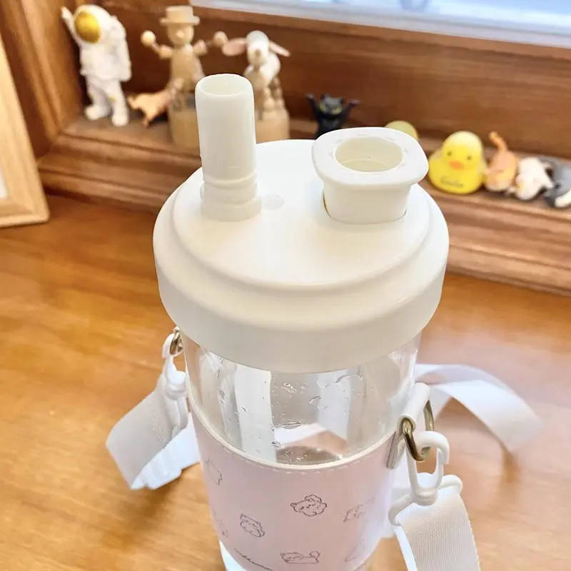 Kawaii Cats Glass Water Bottle With Straw Holder Strap Large Plastic Boba Cups Coffee Juice Tea Tumbler Drinking Bottle BPA Free