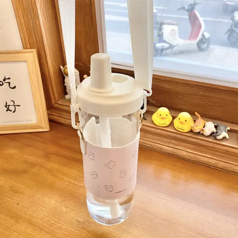 Kawaii Cats Glass Water Bottle With Straw Holder Strap Large Plastic Boba Cups Coffee Juice Tea Tumbler Drinking Bottle BPA Free