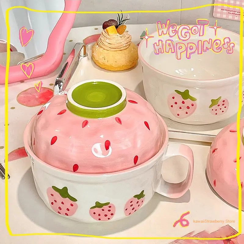 Kawaii Strawberry Ramen Bowl With Lid Ceramics Cute Fruit Soup Salad Instant Noodles Large Bowl Home Kitchen Tableware 700ml