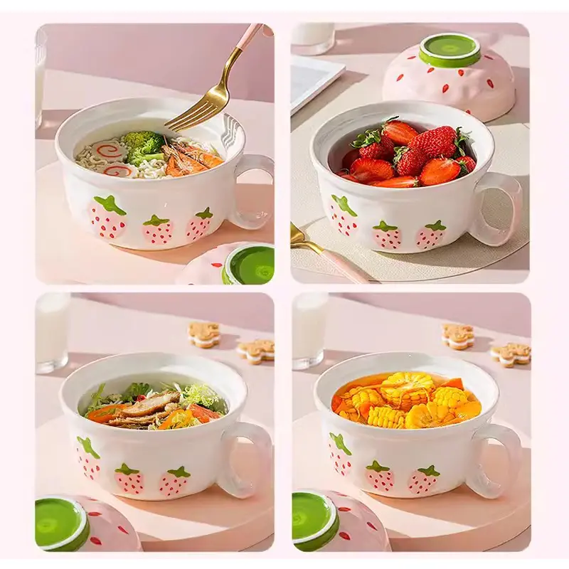 Kawaii Strawberry Ramen Bowl With Lid Ceramics Cute Fruit Soup Salad Instant Noodles Large Bowl Home Kitchen Tableware 700ml
