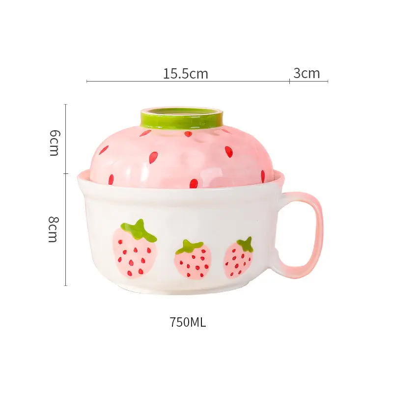 Kawaii Strawberry Ramen Bowl With Lid Ceramics Cute Fruit Soup Salad Instant Noodles Large Bowl Home Kitchen Tableware 700ml