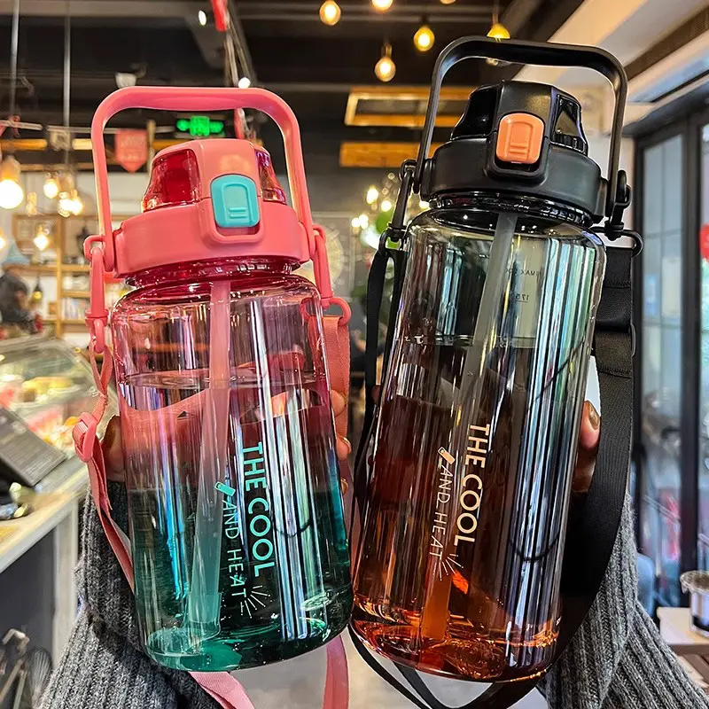 1.5/2 liter Water Bottle Portable Plastic Sports Bottle With Straw Strap Large Tumbler Gym Travel Juice Drinking Bottle BPA Free