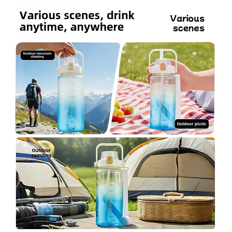 1.5/2 liter Water Bottle Portable Plastic Sports Bottle With Straw Strap Large Tumbler Gym Travel Juice Drinking Bottle BPA Free