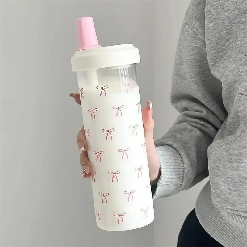 Cute Bow Water Bottle Kawaii Plastic  Coffee Tumbler Large Capacity Juice Boba Tea Cold Straw Cup Gym Sport Drink Bottle 850ml