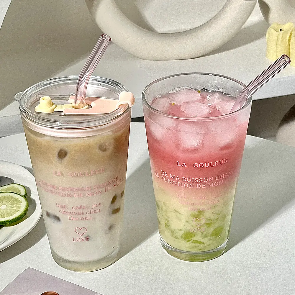 Cute Glass Cup With Straw And Lid Letter Tumbler 450ml Iced Coffee Juice Tea Glass Drinking Cups Transparent Bubble Tea Cup Gift