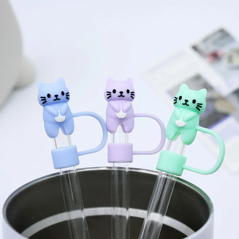 Cute Cat Straw Cap Accessories For Stanley Thermo Cup Kawaii Silicone Tumbler Straw Topper Water Bottle Straw Cover Cap 10mm
