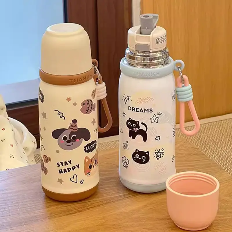 500ml Cute Cat Thermos Tumbler Kawaii Water Bottle Stainless Steel Thermal Cup With Straw Portable Coffee Tea Drinking Cup Gift