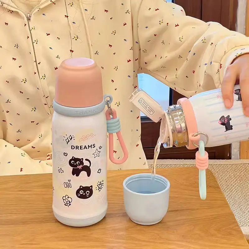 500ml Cute Cat Thermos Tumbler Kawaii Water Bottle Stainless Steel Thermal Cup With Straw Portable Coffee Tea Drinking Cup Gift